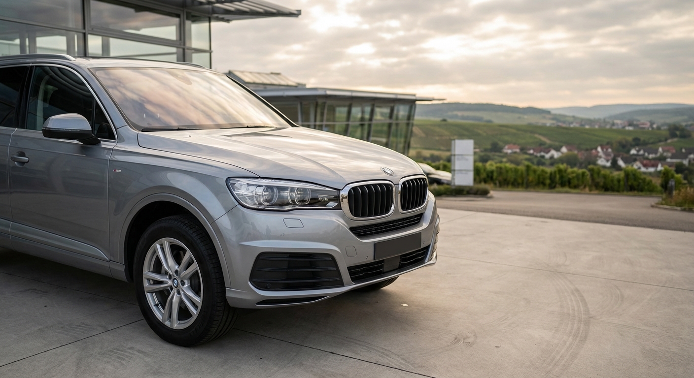 Gepflegter silberner Gebrauchtwagen-SUV auf einem Autohaus-Gelände im Morgenlicht