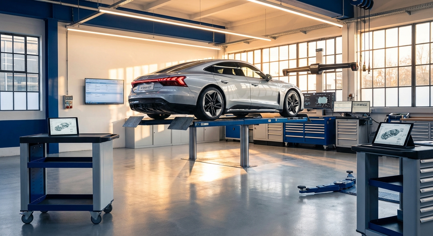 Moderne Kfz-Werkstatt mit angehobenem Fahrzeug, Diagnosegeräten und professioneller Ausstattung