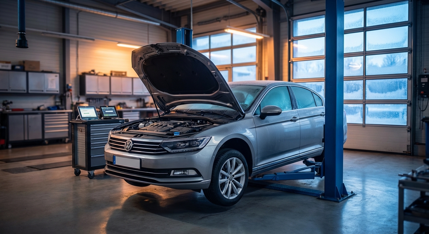 Modernes Fahrzeug auf Hebebühne in professioneller Werkstatt bei winterlichem Morgenlicht