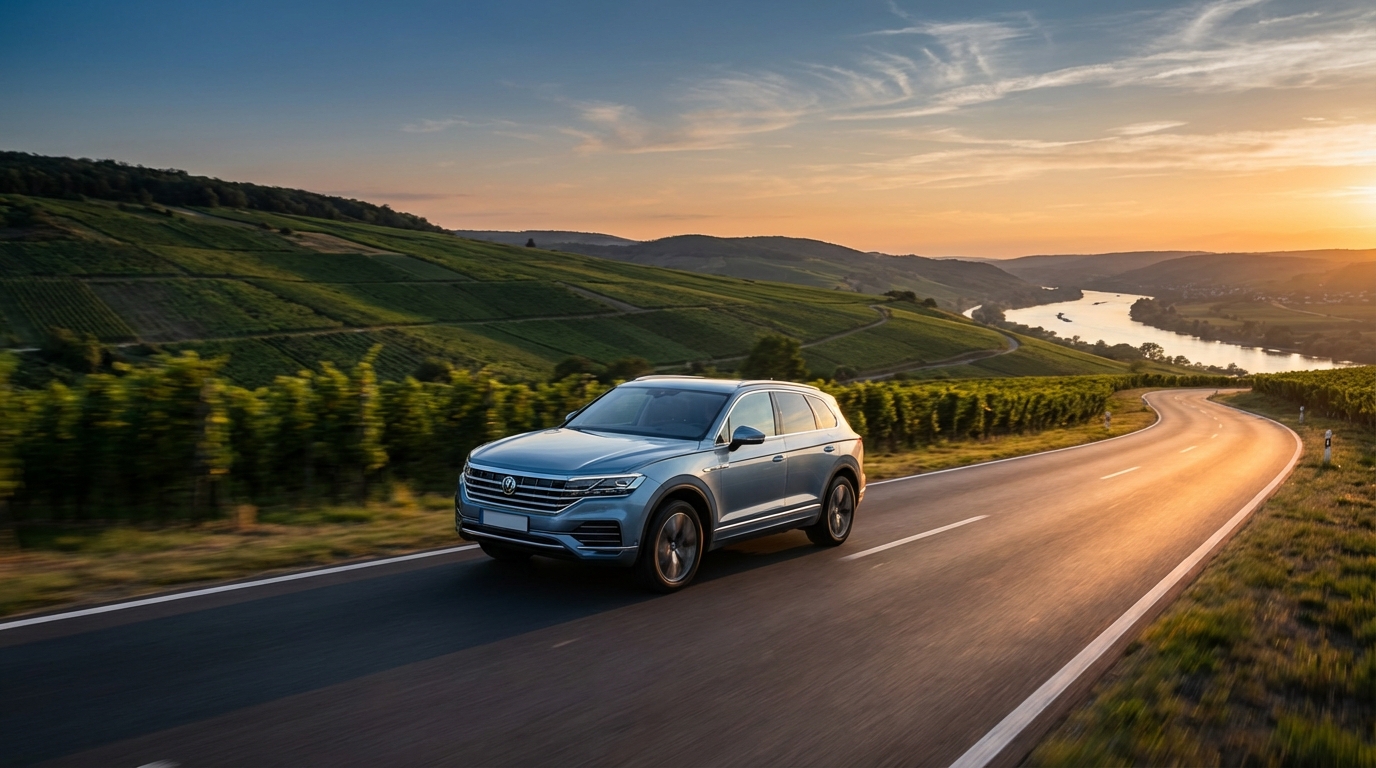 Silbernes SUV fährt bei Sonnenuntergang durch rheinhessische Weinberge auf kurviger Landstraße