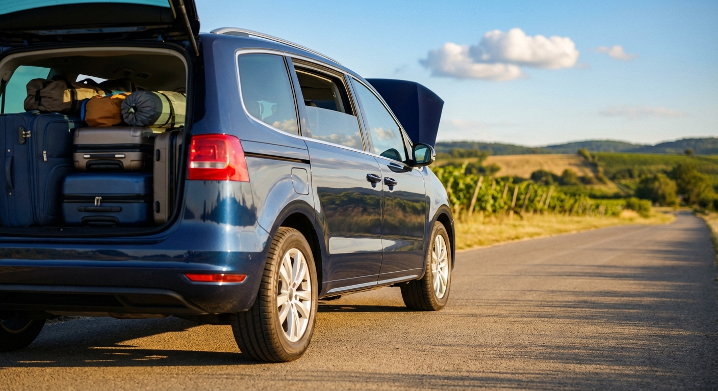 Beladener blauer SUV auf sonniger Landstraße mit Weinbergen im Hintergrund auf dem Weg in den Sommerurlaub