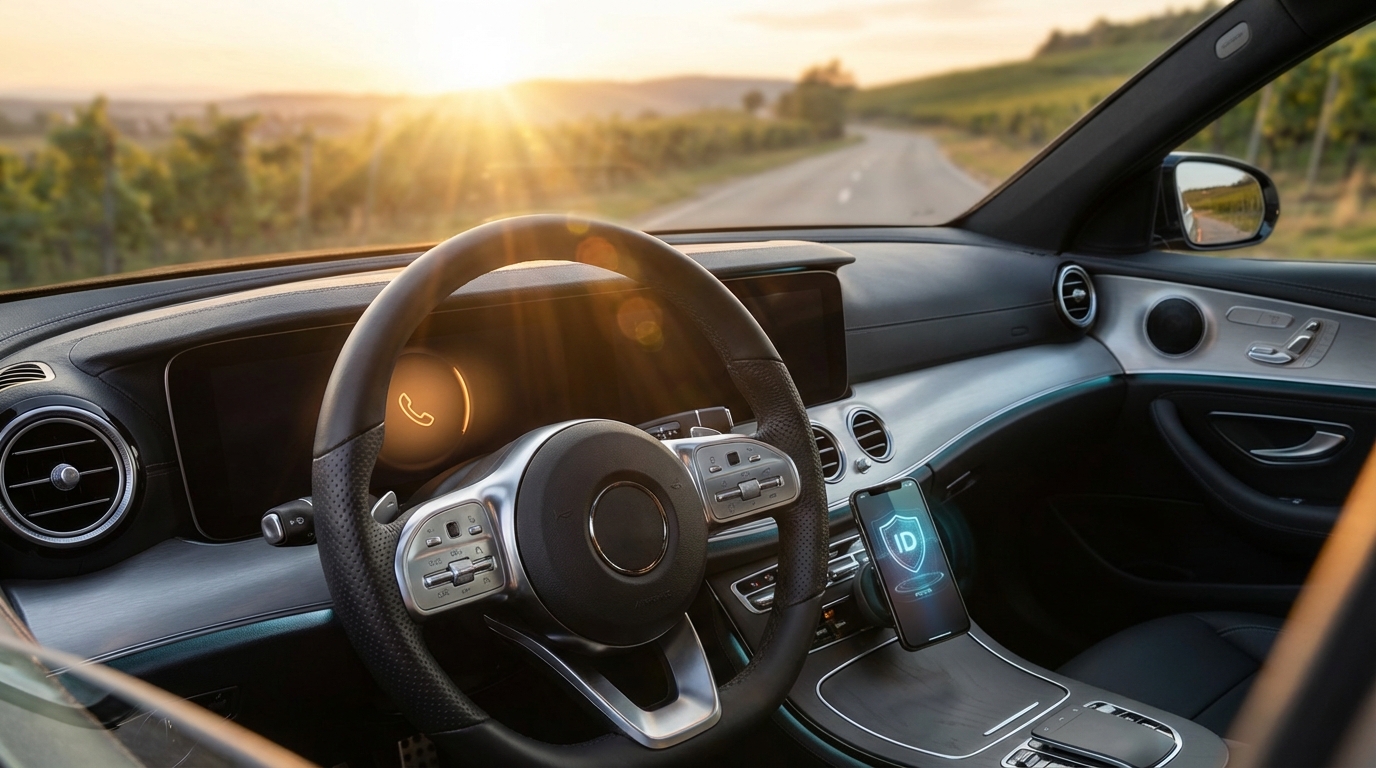 Modernes Auto-Cockpit mit Smartphone im Halter und digitalem Display bei Abendlicht