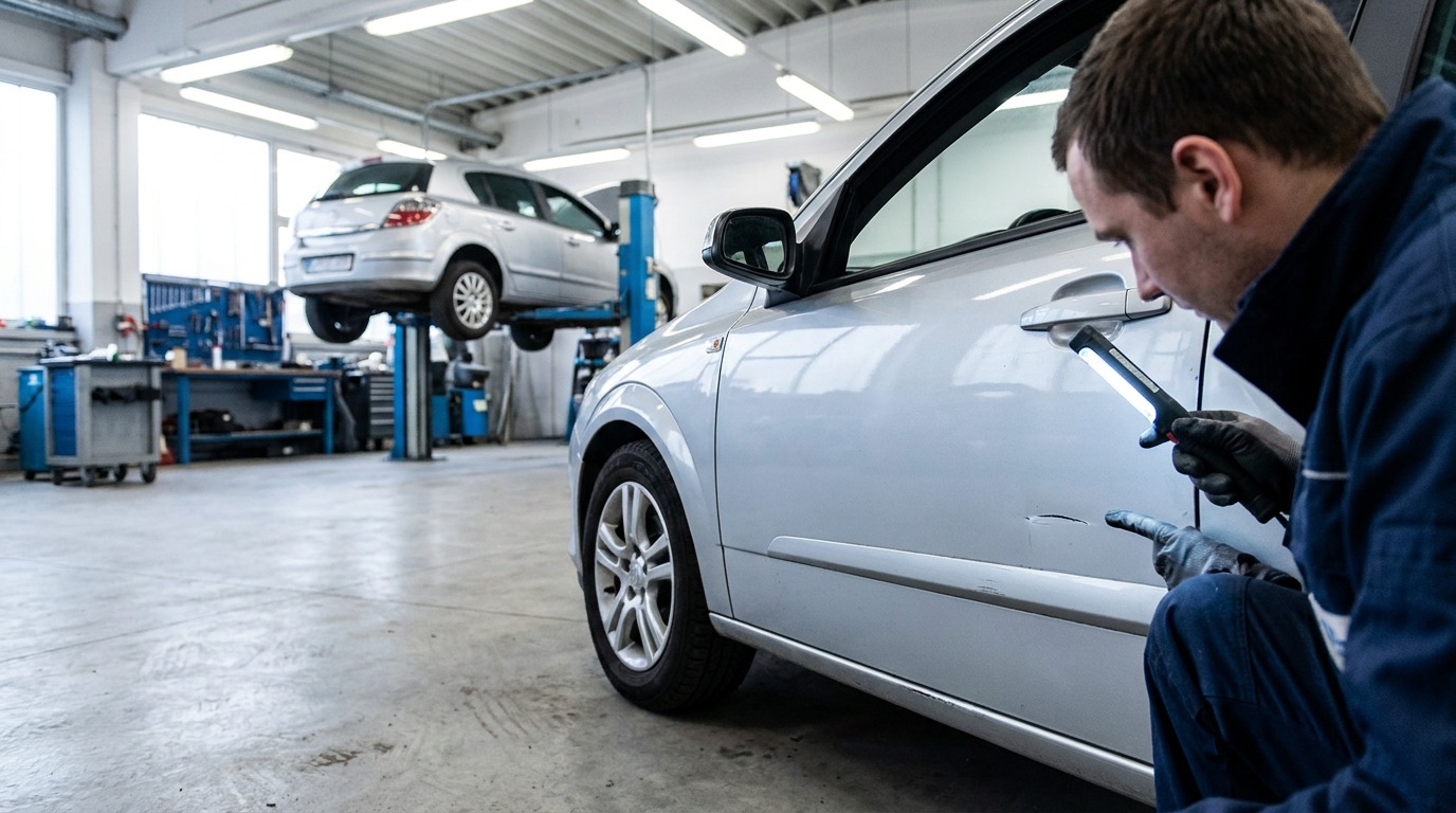 Techniker begutachtet einen kleinen Lackschaden an einer Autotür in der Werkstatt