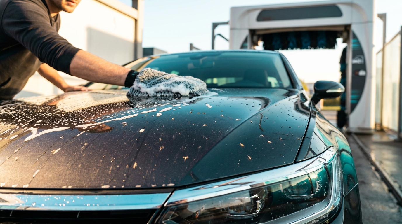 Person bereitet den glänzenden Lack eines staubigen Autos an einem professionellen Waschplatz auf
