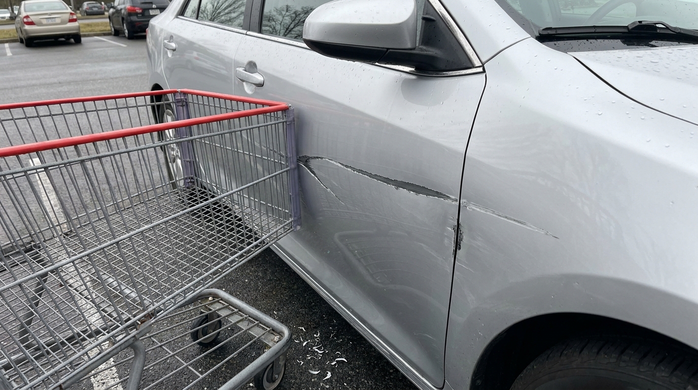 Einkaufswagen lehnt an Autotür mit frischem tiefen Kratzer bis aufs blanke Blech