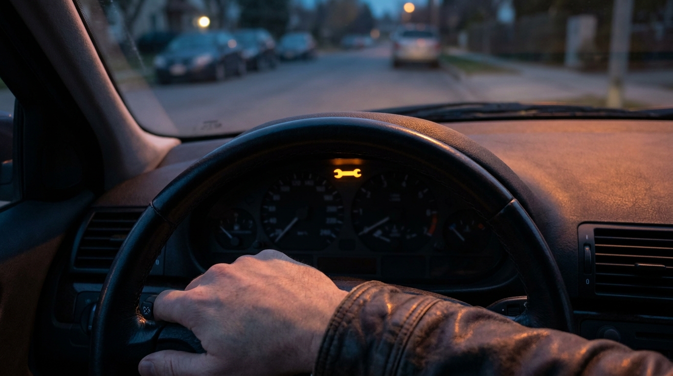 image-1787122875058 Nahaufnahme eines Auto-Cockpits mit leuchtendem SchraubenschlĂźssel-Warnsymbol im Display