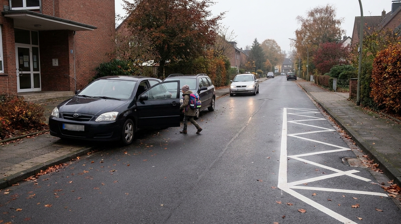 image-1787727662909 Kind steigt zwischen parkenden Autos direkt vor dem Schuleingang aus, während eine sichere Bring-Zone in der Nähe leer