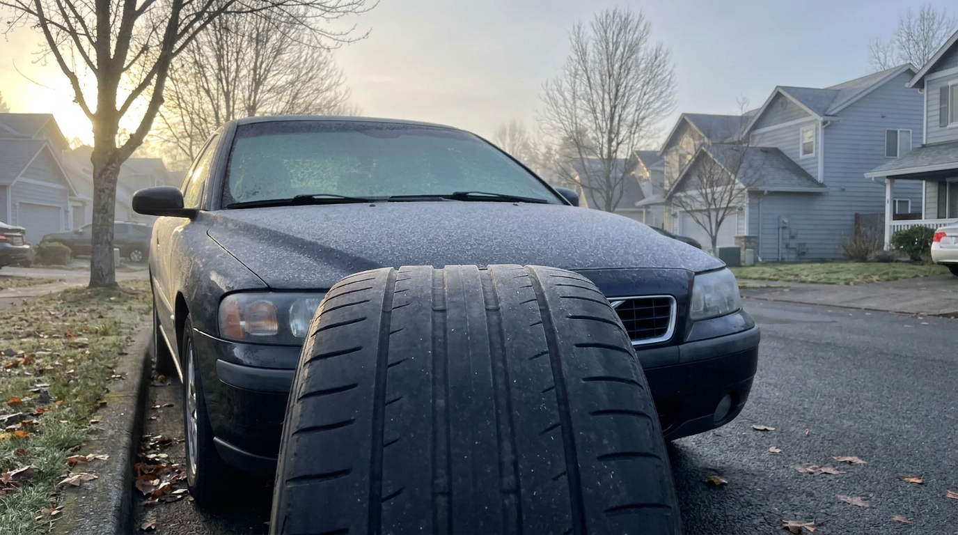 Frostüberzogene Windschutzscheibe an einem Herbstmorgen, im Vordergrund ein abgefahrener Sommerreifen am parkenden Auto