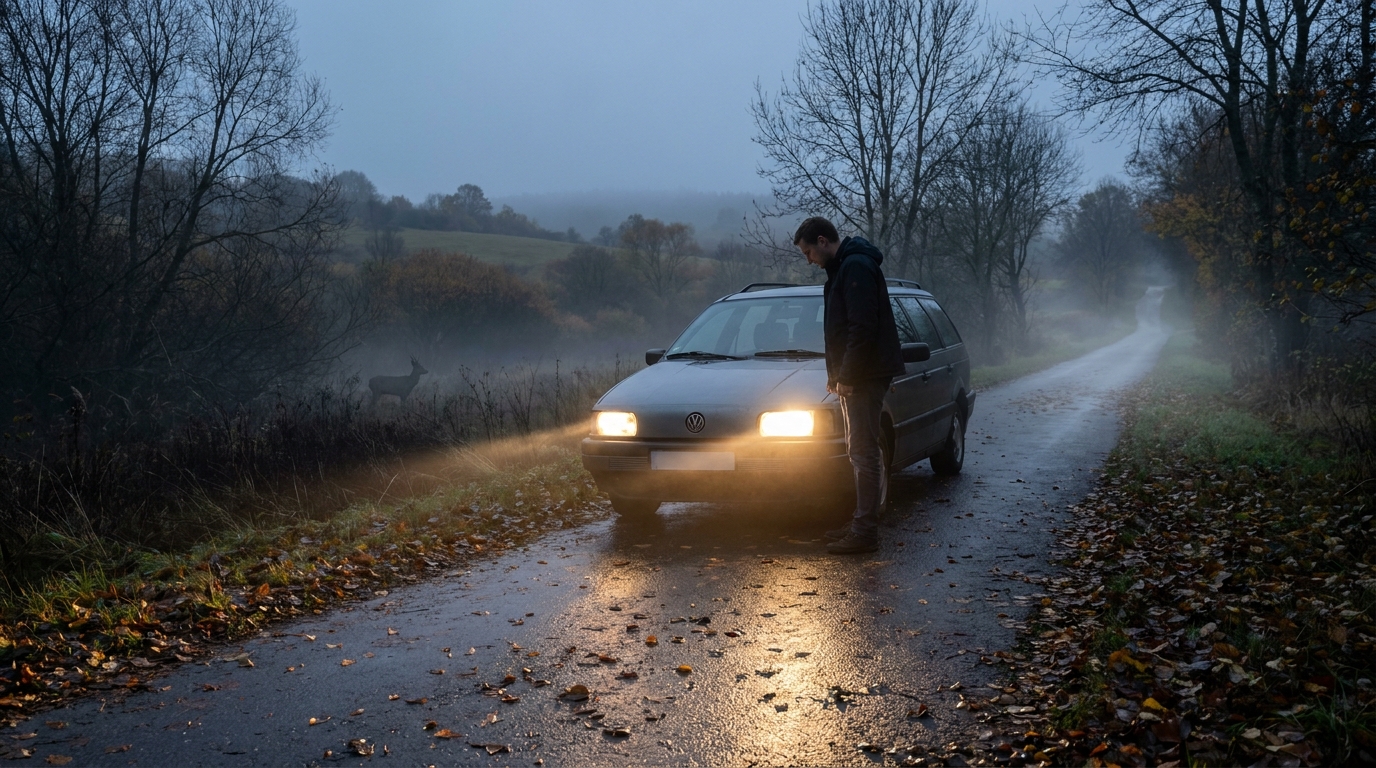 image-1789542013925 Auto bei Dämmerung mit einem schwachen und einem hellen Scheinwerfer auf nebliger Landstraße
